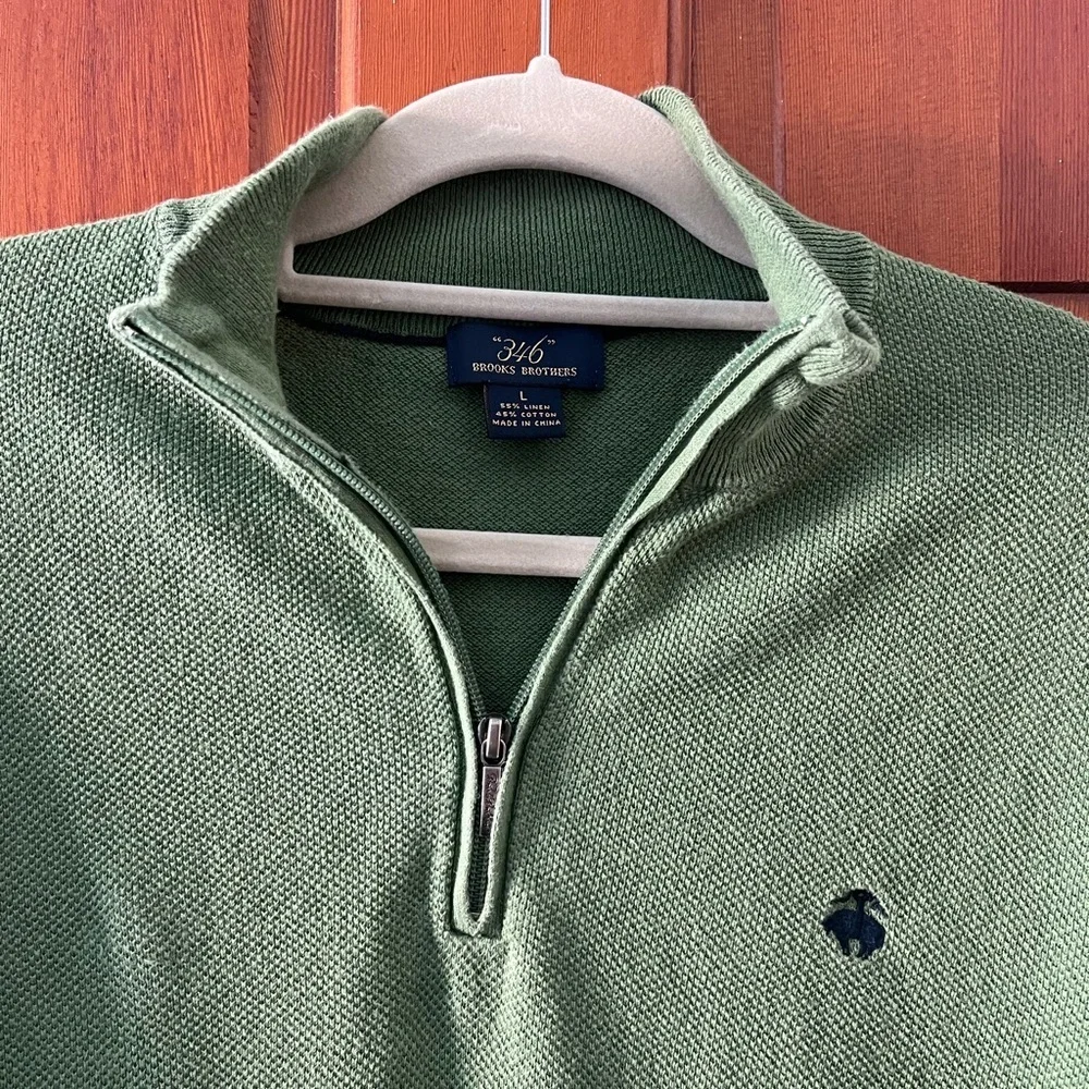 Brooks Brothers 346 Green Quarter Zip Sweater Linen Cotton Pullover Size L